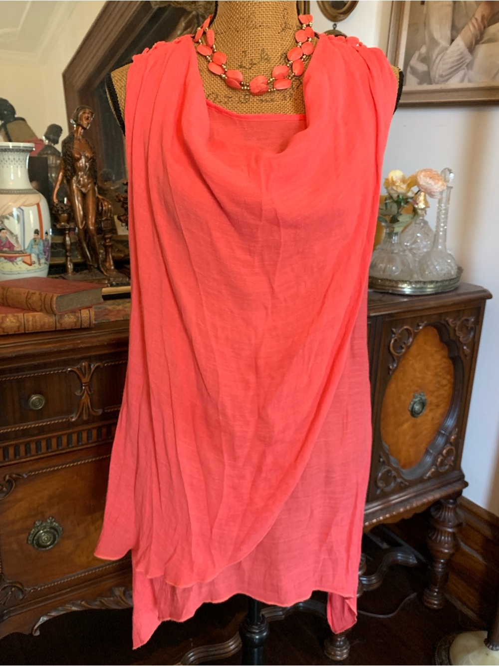 Vintage Coral Layered Tank Top Blouse Linnen-look Shirt